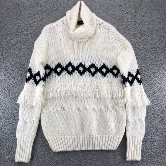 MinkPink Sweater Womens Medium White Black Cowl Neck Fringe Chunky Knit Pullover - Picture 1 of 8